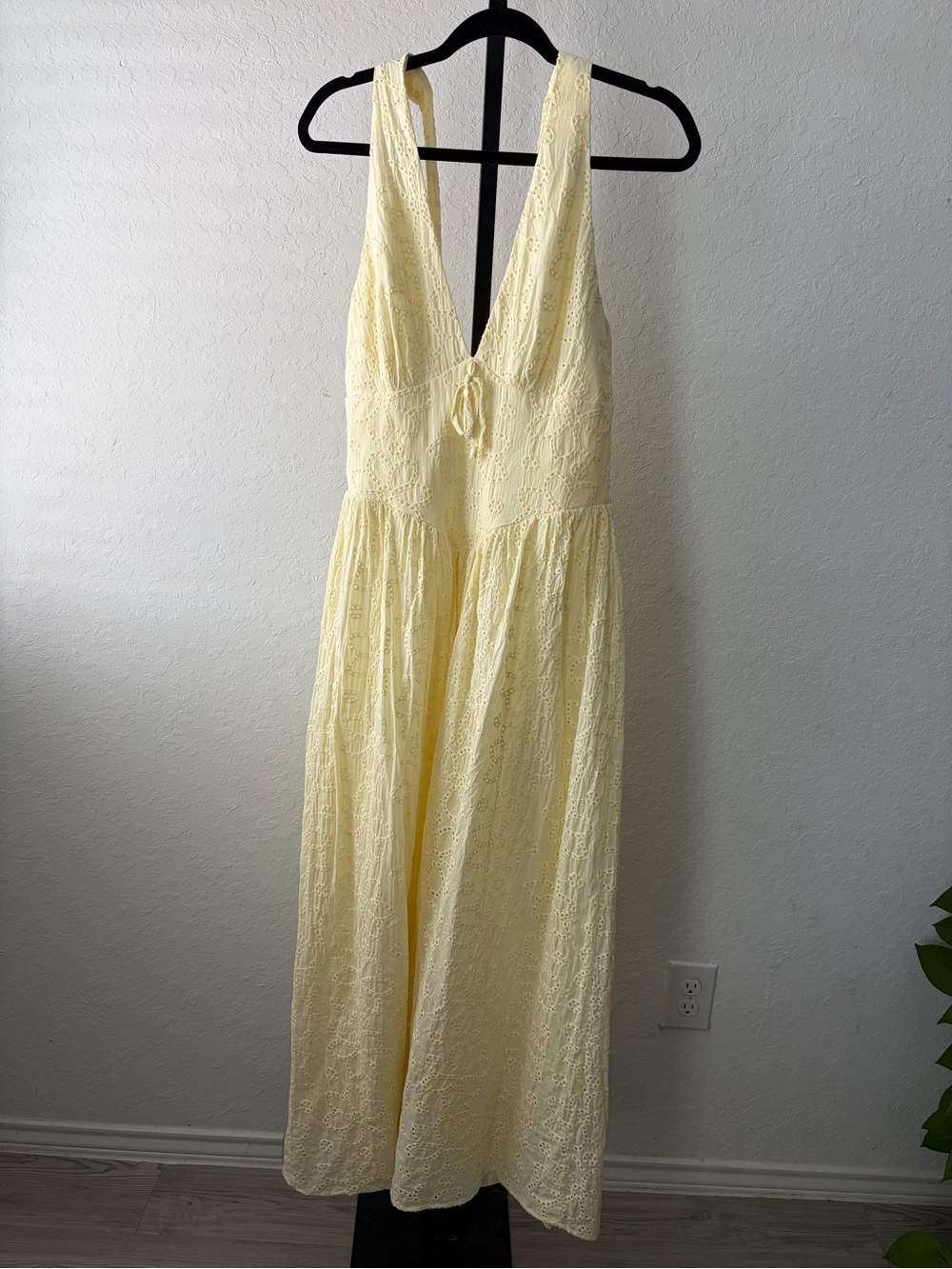 Light Yellow Lace Maxi Dress with Deep V-Neck